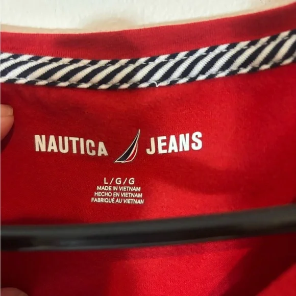 Nautica Jeans Women Large Red VNeck Fitted Short Sleeve Tshirt Casual Preppy - Picture 3 of 6